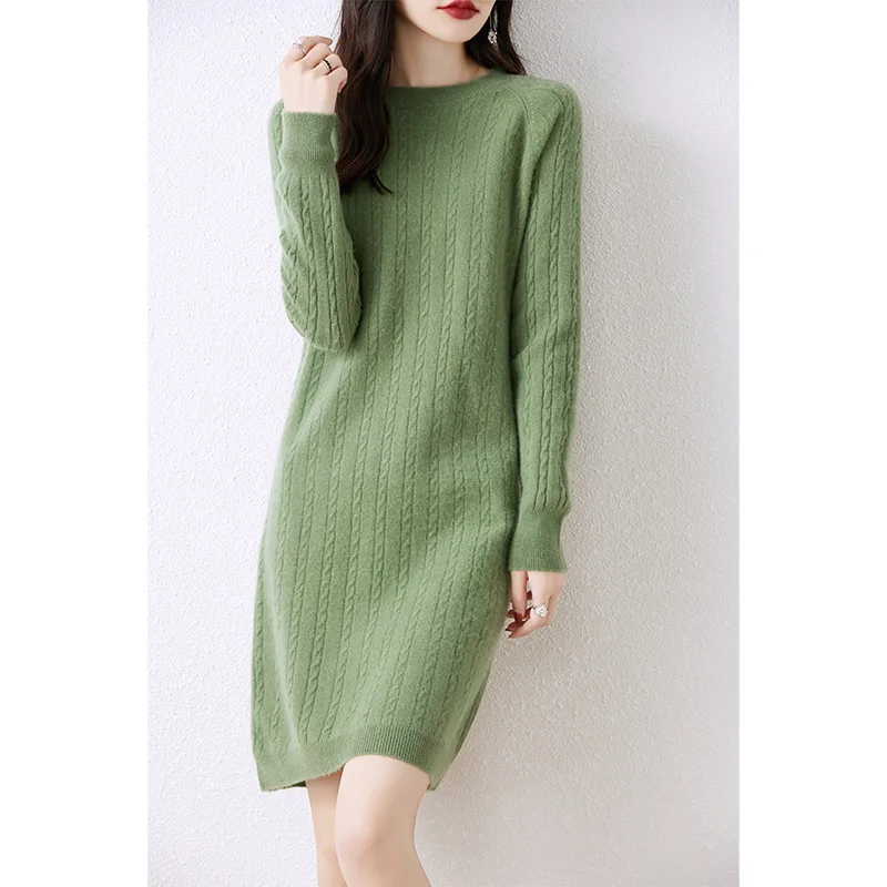 Elegant Cashmere Sweater Womens Dresses 100% Merino Wool Autumn Winter New O-neck Knitted Dress Female Casual Long-Sleeve Skirts