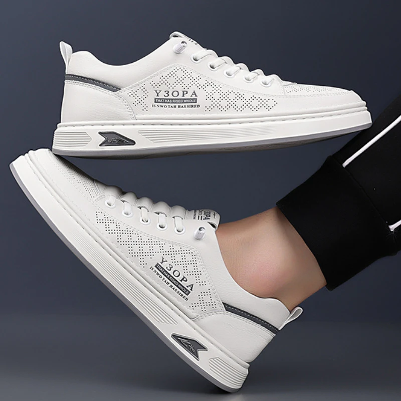 

Comfortable Men's White Casual Sneakers Breathable Perforated Design Lightweight Sole Fashion Sport Shoes Men Skateborad Shoes