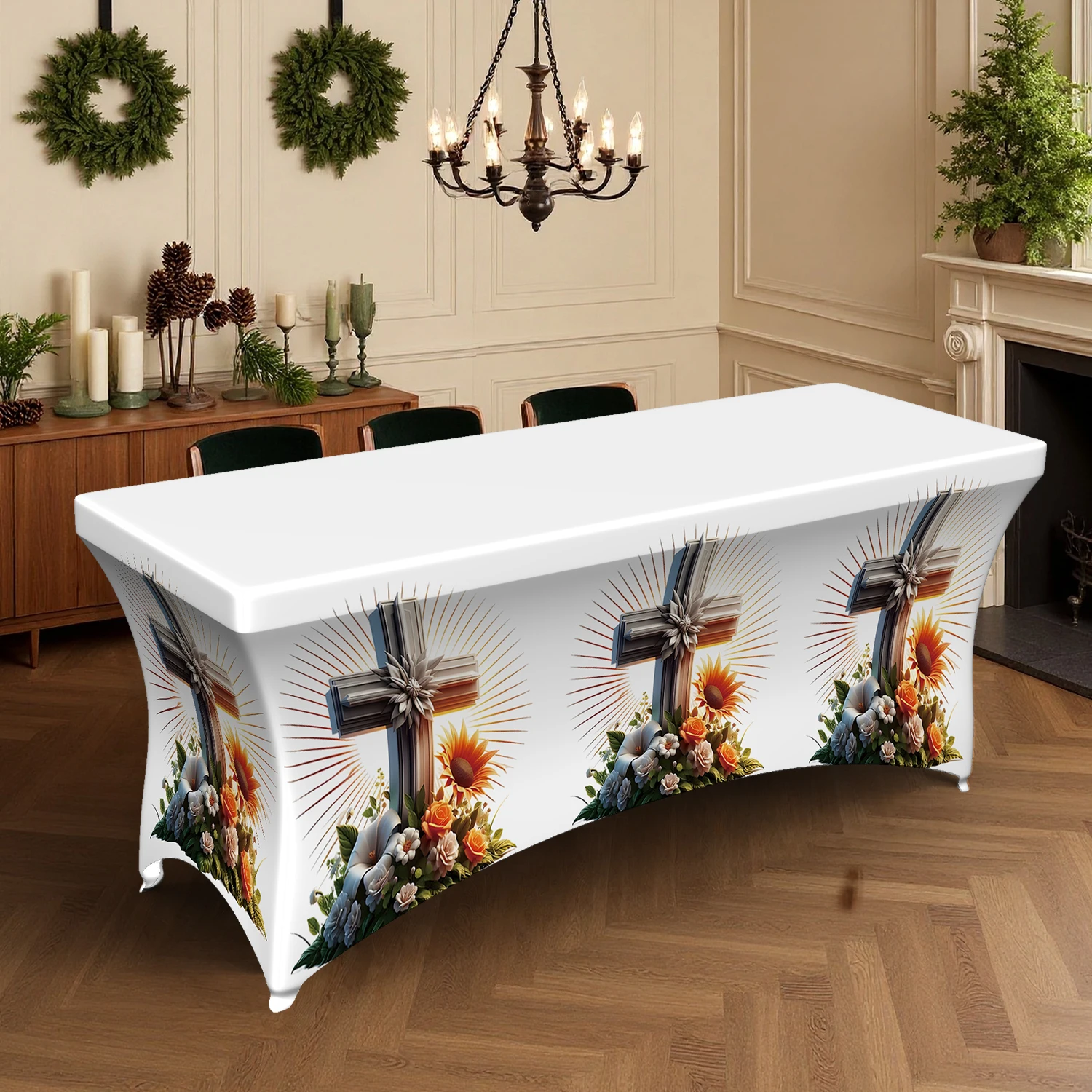 1PC Summer Outdoor Elastic Tablecloth, Cross & Sunflower Floral Printed, 4/6/8FT Rectangular Stretchable Table