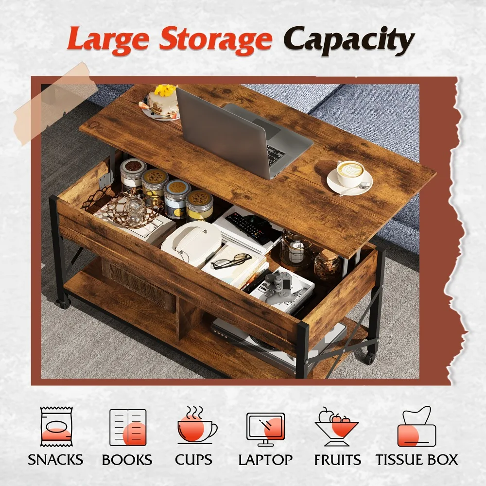 

Lift Top Coffee Table with 4 Wheels, 41.3" Hidden Storage Compartment & Shelf, Versatile Table for Living Room, Reception Room