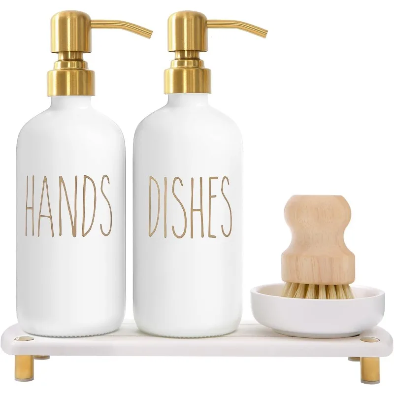 Gold Soap Dispenser Set Comes with Stainless Steel Pumps Instant Dry Tray and Dish Scrub Brush Suitable for Kitchen Decor