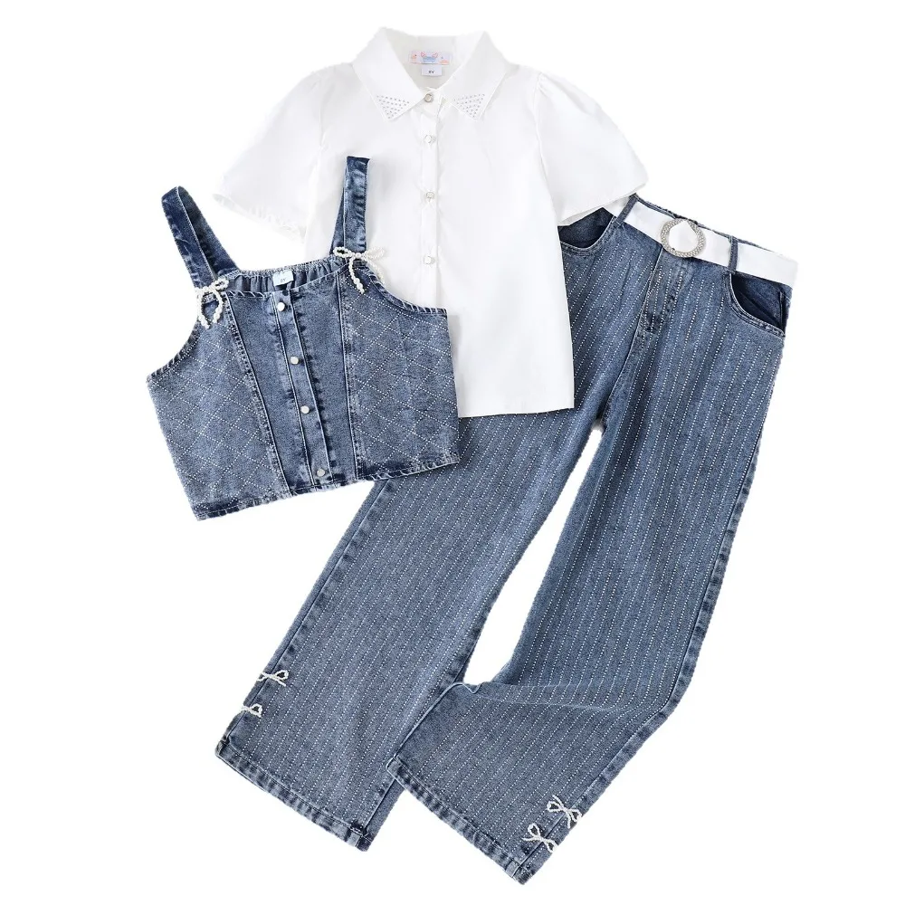 2026 Spring Summer Girls Denim Three Piece Set White Shirt Denim Vest Straight Pants Pearl Bow Spot Kids Outfit for 8-12Y