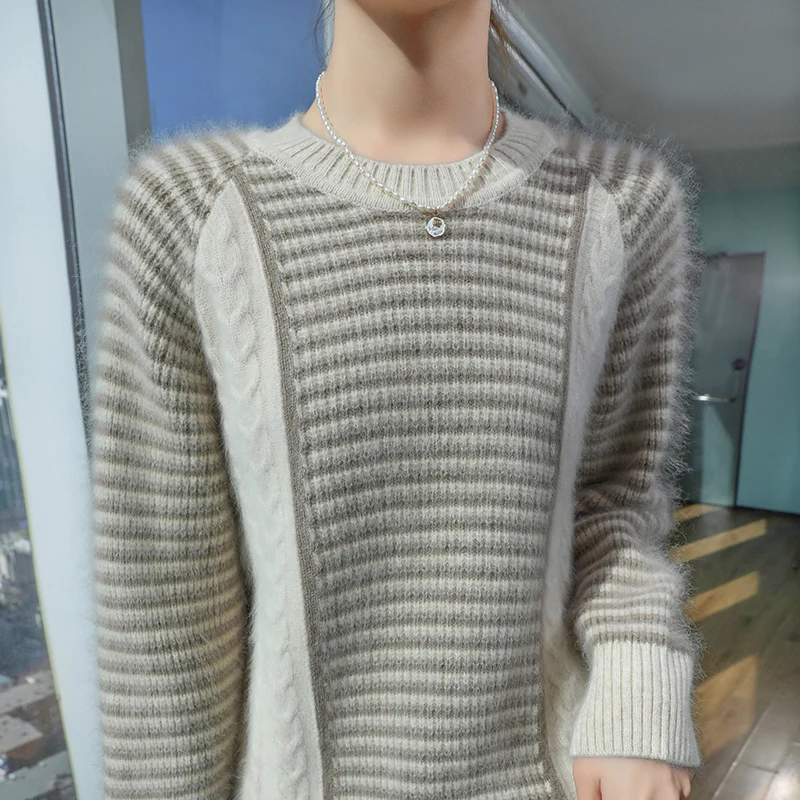 Addensare 100% puro visone cashmere maglione lavorato a maglia autunno donna girocollo jacquard pullover moda top a maniche lunghe di grandi dimensioni