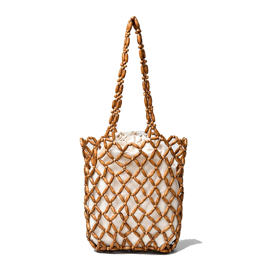 

Women Woven Hand Bags Design Hollow-out Wooden Beaded Tote Bucket Shoulder Bag Female Reticulate Netted Canvas Beach Handbag Sac