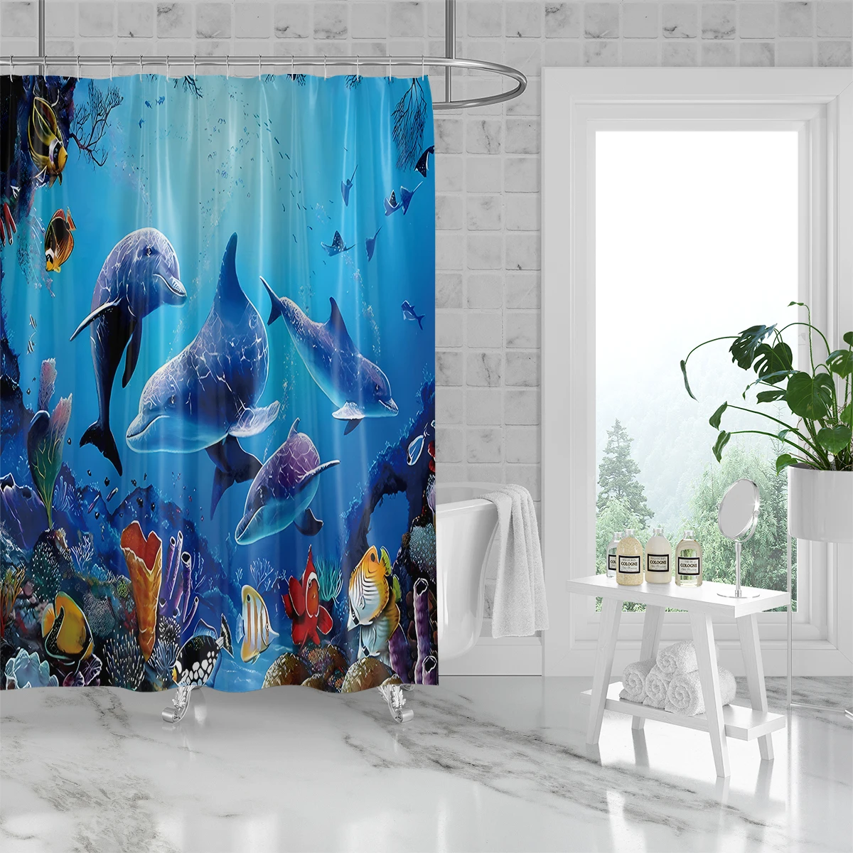 1PC 180x180cm Dolphin Shower Curtain Blue Ocean Biological Polyester Fabric Children\'s Ocean Theme Bathroom Decoration