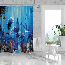 1PC 180x180cm Dolphin Shower Curtain Blue Ocean Biological Polyester Fabric Children's Ocean Theme Bathroom Decoration