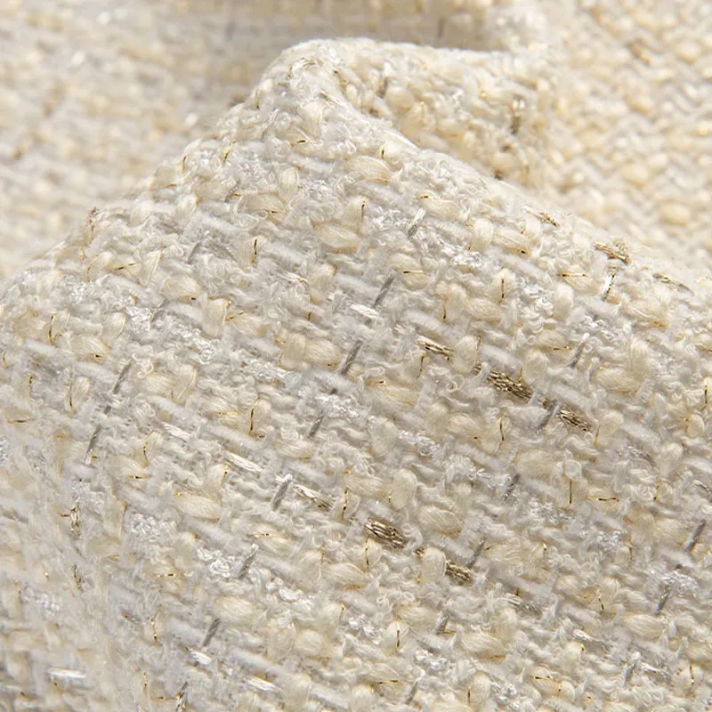 Beige Color and Gold Wire Yarn-dyed Tweed Fabric For Autumn Coat Dress Jacket Handbag DIY Cloth Sewing Material