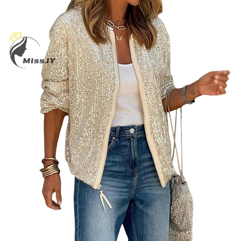 

2024 Sequined Nightclub Women's Jacket Long Sleeve Zipper Casual Loose Jackets Women's Fashion Versatile Party Shiny