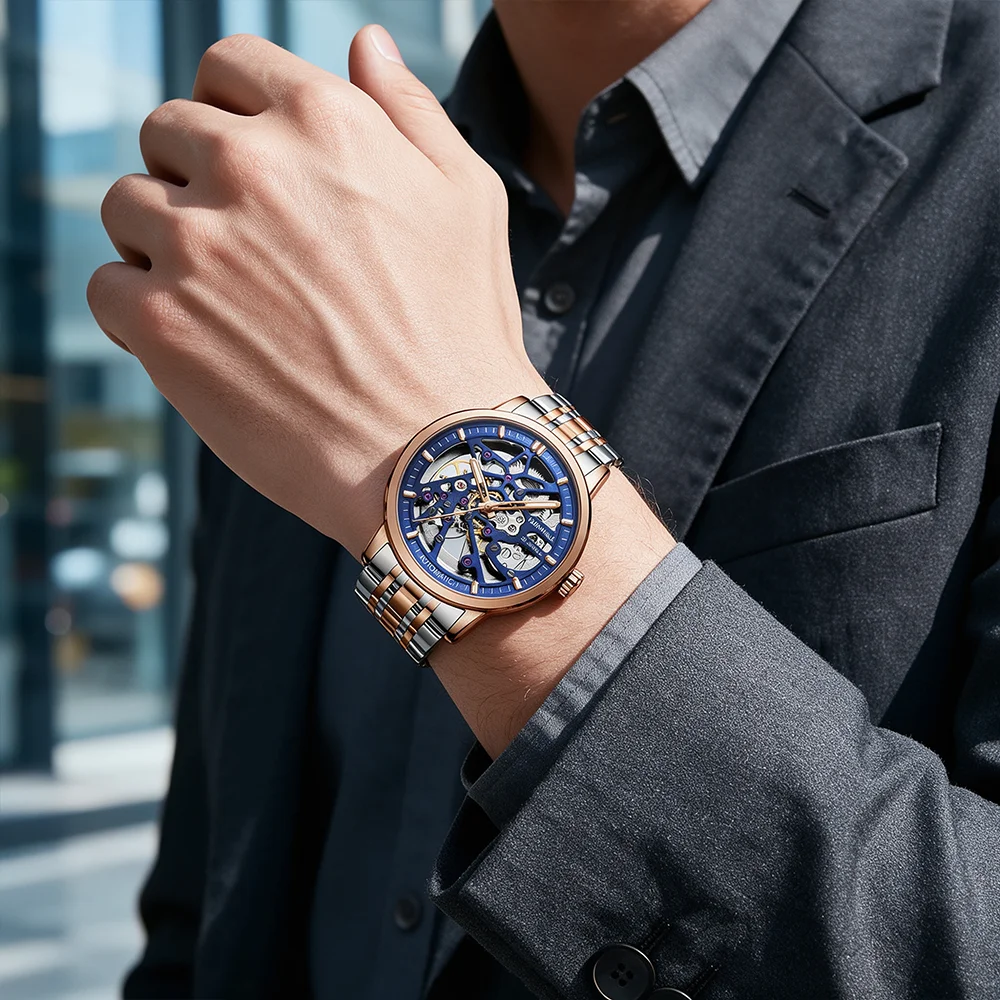 Reloj de Pulsera de Moda con Movimiento Automático para Hombre Mark Fairwhale 6040, Reloj Mecánico de Acero Negro con Esqueleto Luminoso e Impermeable
