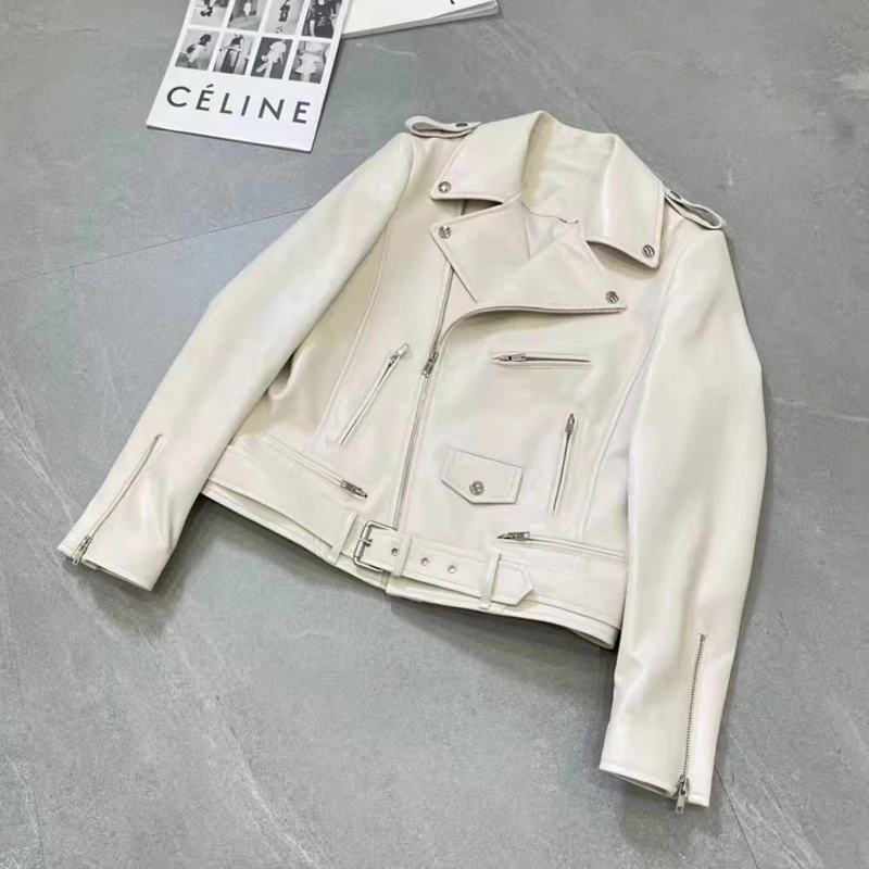 Women Coat Spring And Autumn 2023 New Arrival Short Length Genuine Leather Jacket Turn-Down Collar Locomotive Model Style