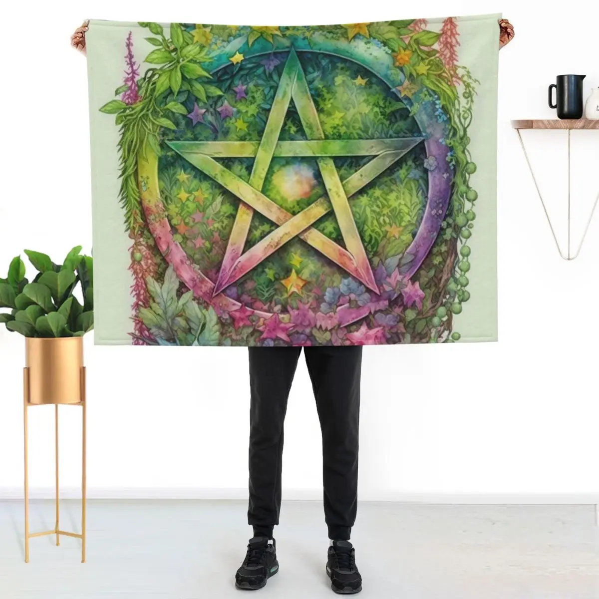 

Pentacle - Botanical Flower Garden Wiccan Pagan Pentagram Throw Blanket Breathable Lightweight Blanket for Adults Kids