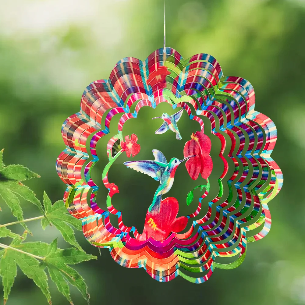 30cm Colorful Flower Hummingbird Rotating Wind Chime Garden Vane Bird Repeller Home Eaves Hanging Decoration Wall Decoration