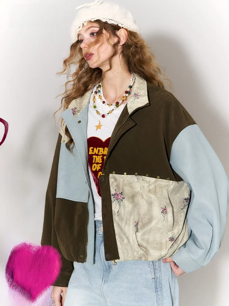 

Женская куртка из замши и искусственной кожи в стиле пэчворк, свободного кроя, осенняя, в ретро-стиле, на молнии, с длинными рукавами