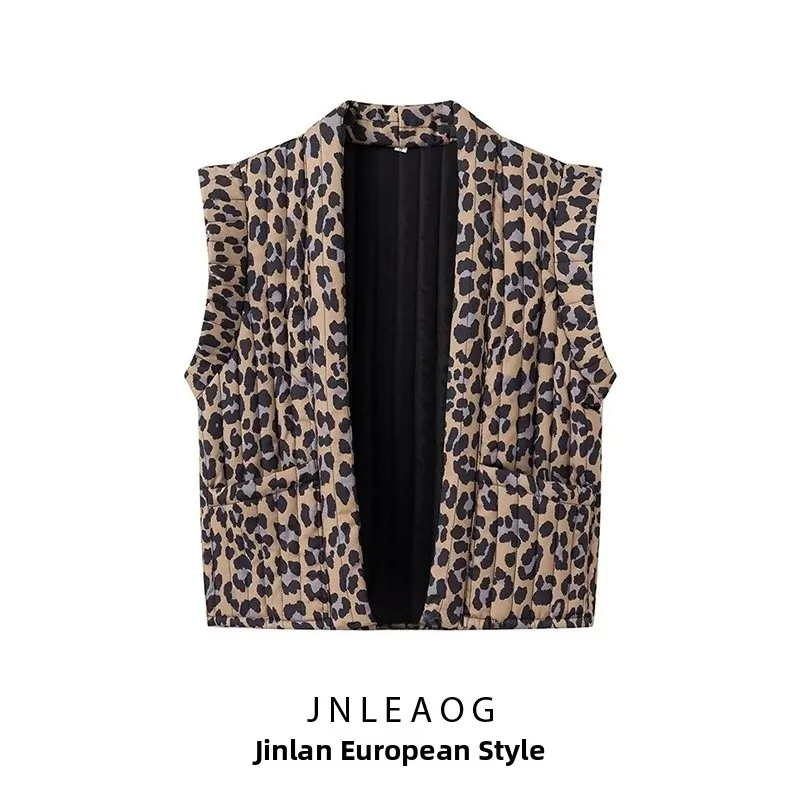 

JNLEAOG, осенний новый модный повседневный жилет с леопардовым принтом, женский уличный жилет из полиэфирного волокна, длина обычной длины