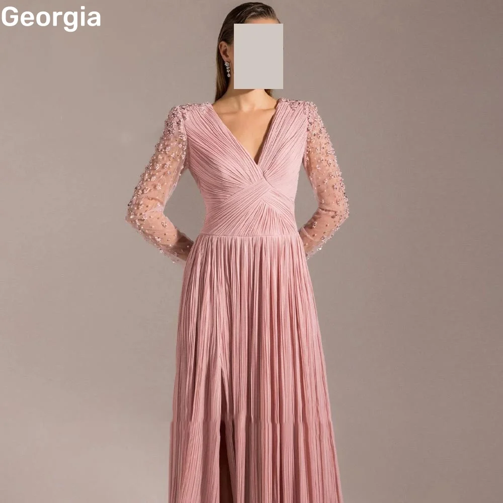 Beaded Customize فساتين سهرة A-Line Deep V-Neck Floor-Length Zipper Up Dress Women Elegant Luxury Long Sleeves Elegant Dresses