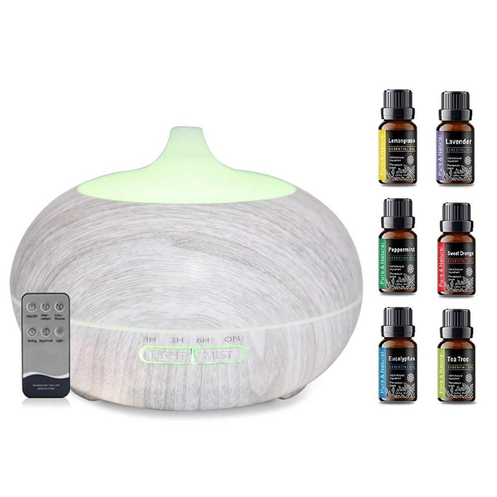 550ml Wood Grain Essential Oil Diffuser with Remote, 6 Oils & 7 Color LED Light for Home/Office