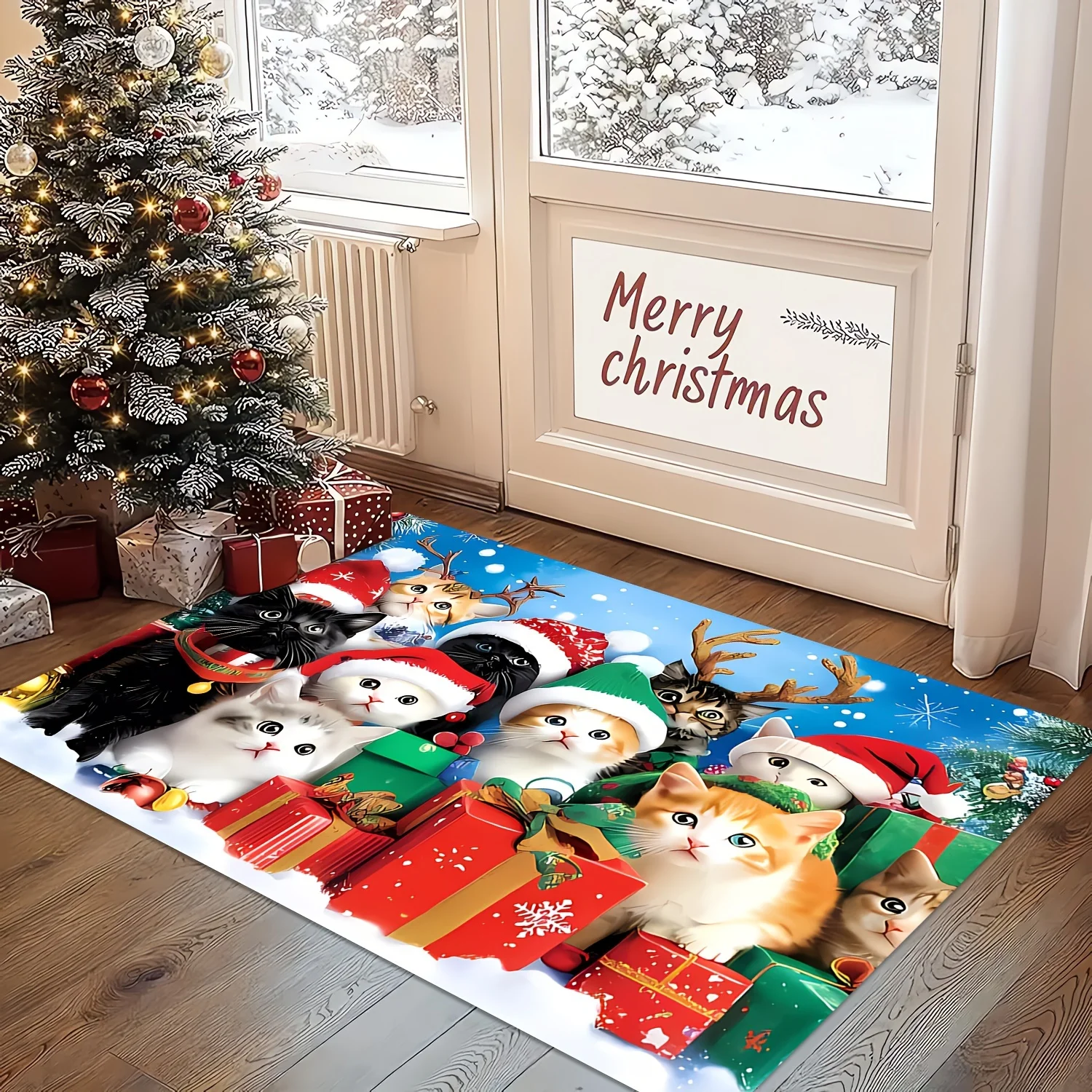Christmas Gnome Doormat Four Gnomes Xmas Tree Bird Gift Print Floor Mat Indoor Entrance Rug Winter Holiday Front Door Home Decor