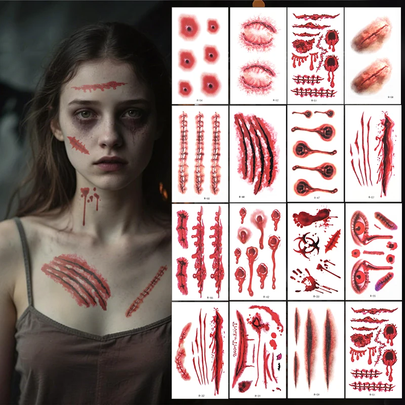 5PCS Halloween Horror Temporary Tattoo Stickers Waterproof Small Arm Scary Scar Face Sticker for Party Cosplay Costume Prop