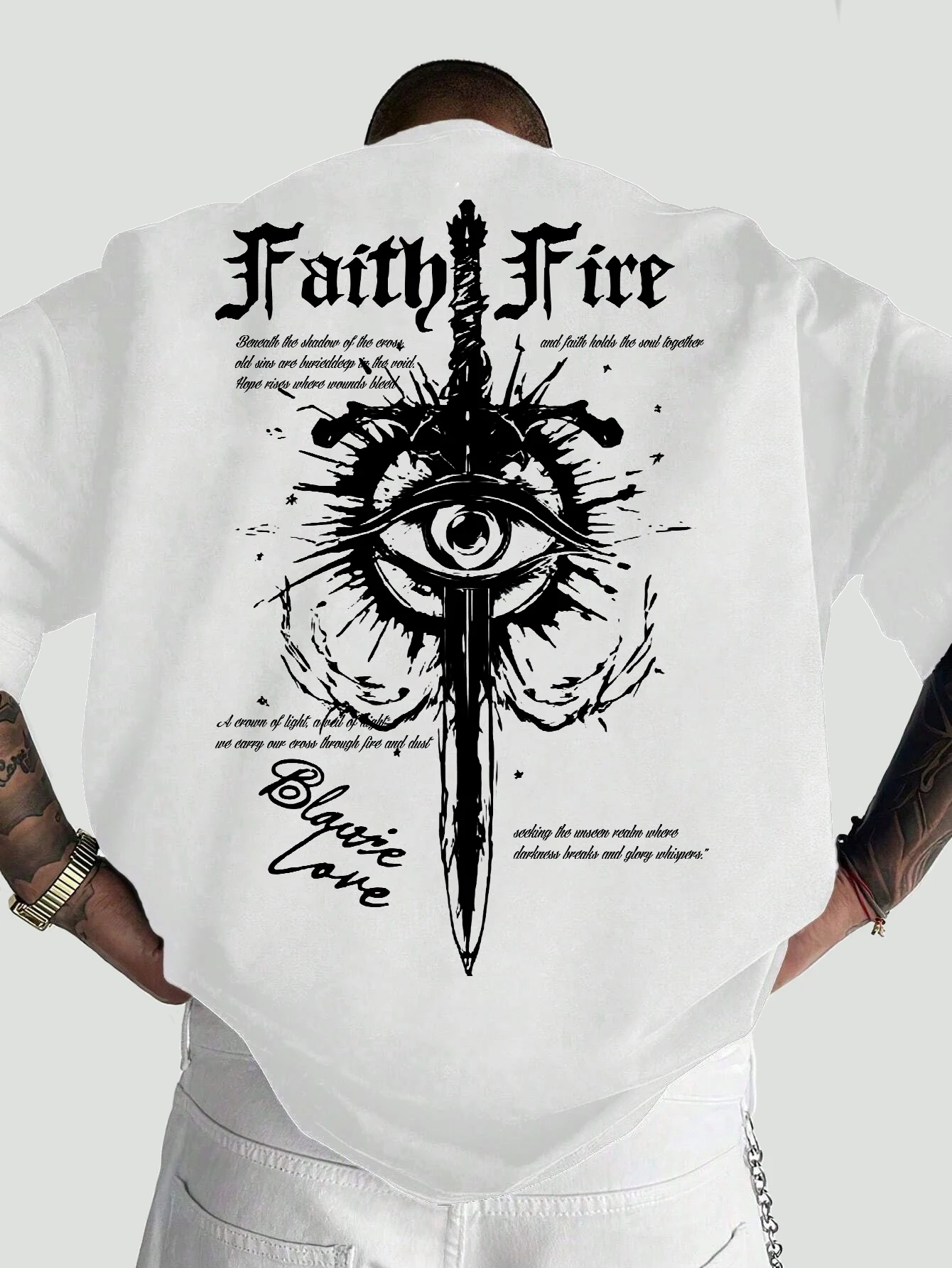 Men Oversized T-Shirt All Seeing Eye Dagger Faith Fire Gothic Poem Text Back Print Dark Streetwear Loose Tee