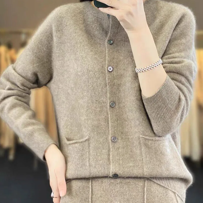 Women Clothing Solid Pocket Sweaters Autumn Winter Vintage Commute Loose Knitted Cardigan Soft Wool O-neck Tops