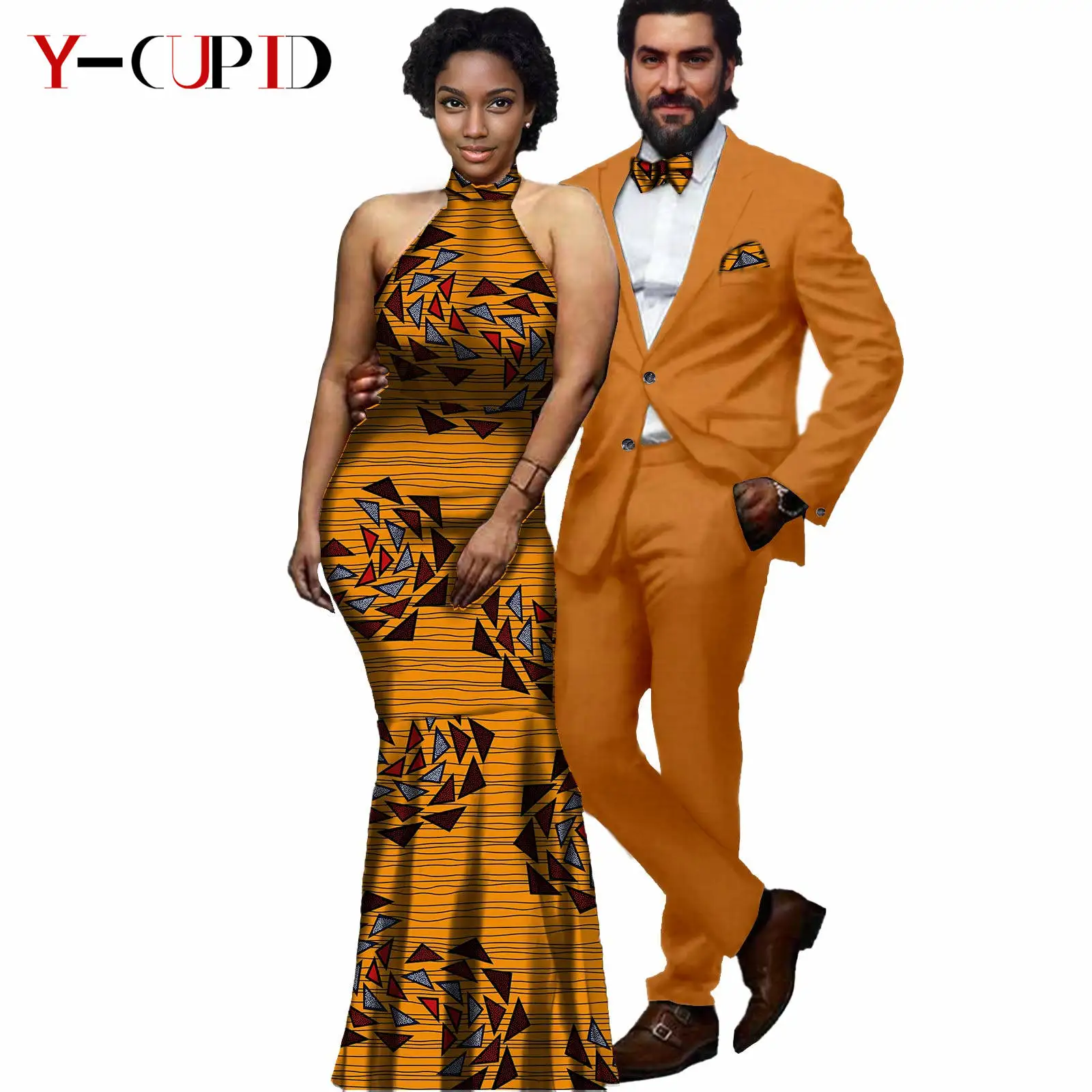 African Print Long Dresses for Women Matching Men Outfits Blazer Suits Jackets and Pants Sets Couples Clothes Wedding Y21C012