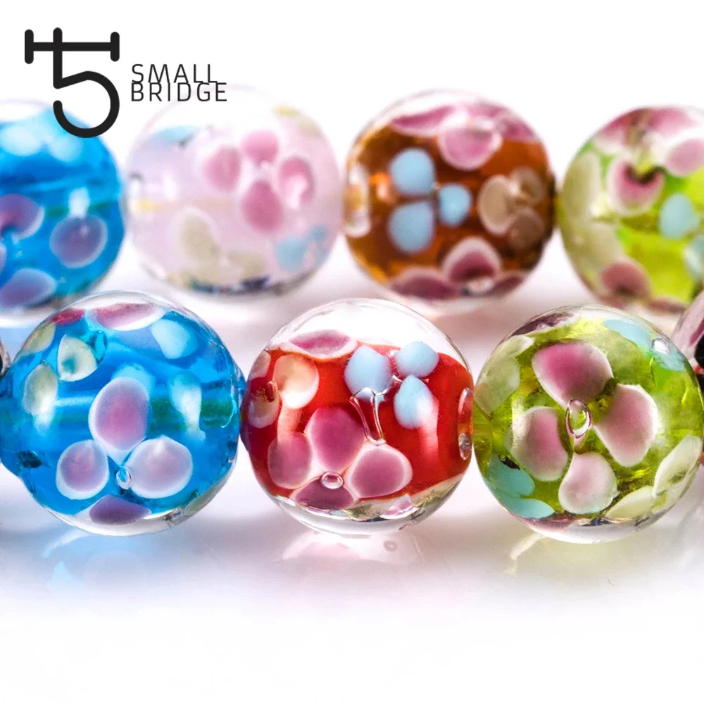 14mm Murano Glass Lampwork Beads For Making Jewelry Bracelet Accessories Handmade Flower Round Beads Wholesale L302