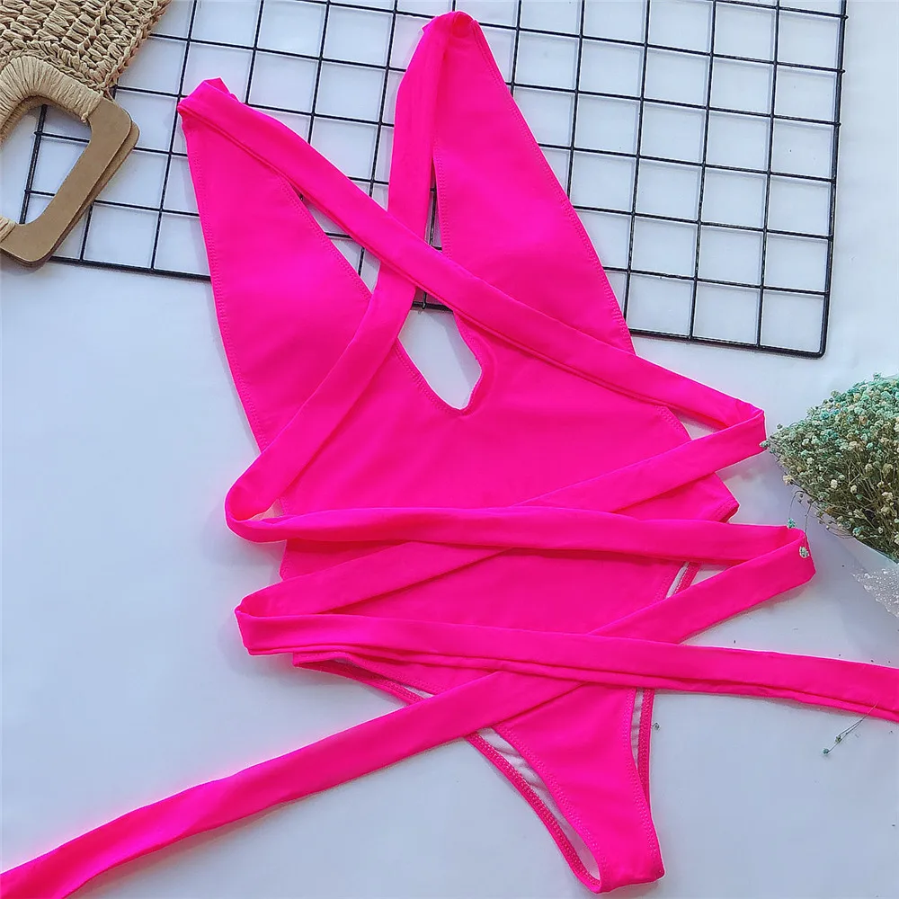 Sexy Red Cross Bandage Backless Swimwear One Piece Swimsuits Woman 2025 Knotted Straps Swimming Bathings Suit V Neck Bodysuits