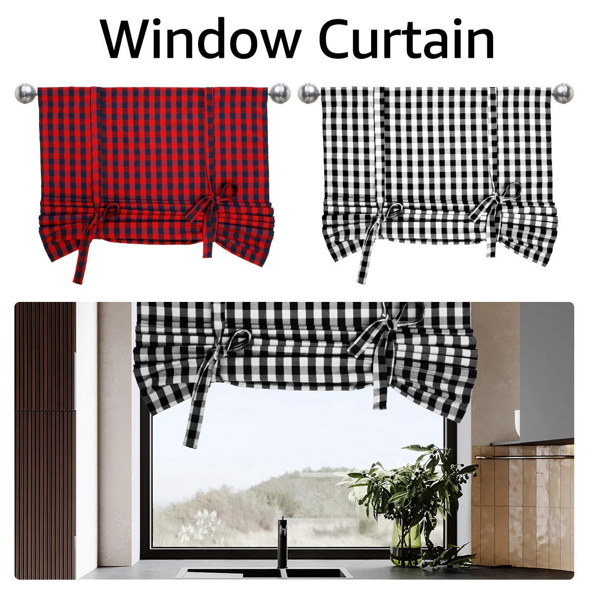 Check Tie Up Curtains Soft Cotton Tie Up Shade Washable Black and White Check Window Curtains Light Filtering Adjustable Tie Up