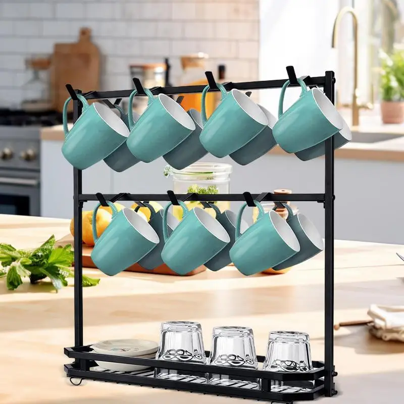 Coffee Cup Rack 2 Tier Mug Holder With 14 Hooks Mug Holder Stand Coffee Mug Organizer Vintage Basket Storage For Bar Kitchen