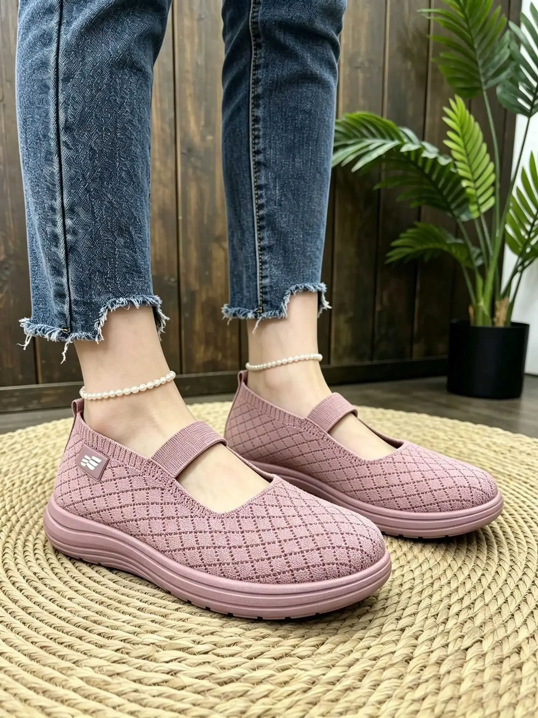 Damen Herbst Mary Jane Plateau-Flats aus Strick-Mesh, atmungsaktiv, mit elastischem Riemen, weich, rutschfest, leicht, für den täglichen Gebrauch. – Detail 7