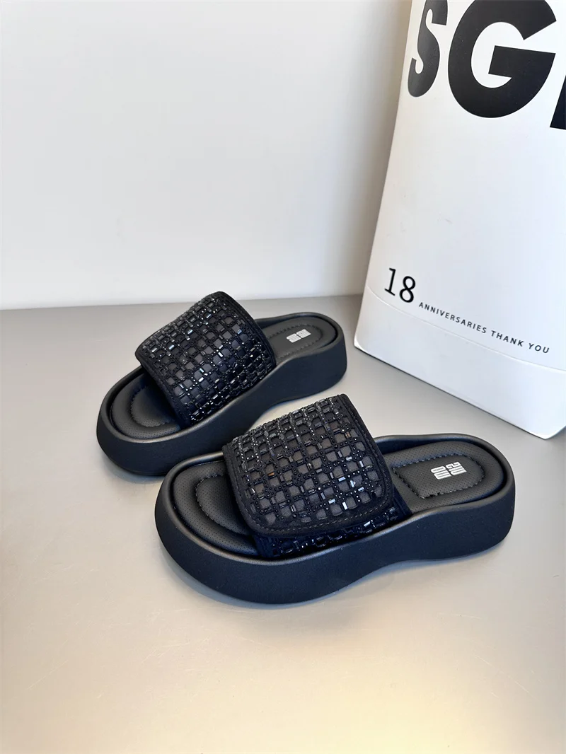 

Шлепанцы-мулы, женские шлепанцы на массивной платформе, летние сандалии на танкетке с толстой подошвой и бриллиантами, женские нескользящие уличные шлепанцы