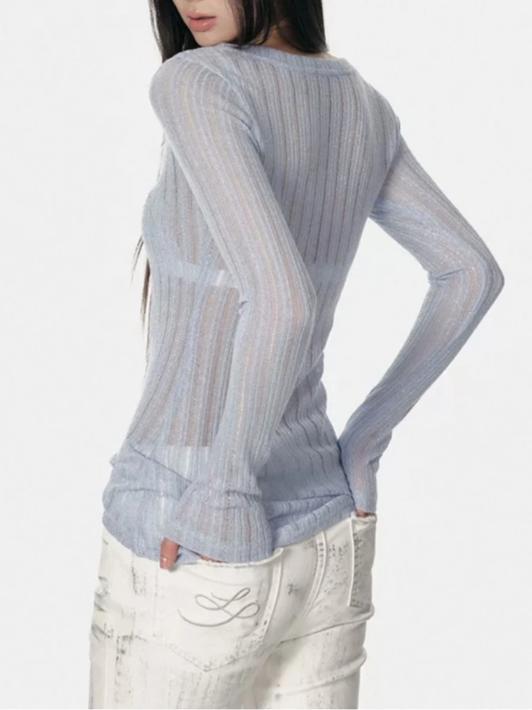 

Original Design Early Spring New Product Pit Strip Hollow Knitted V-neck Bottom Shirt Two tone Basic Versatile Long Sleeve Top