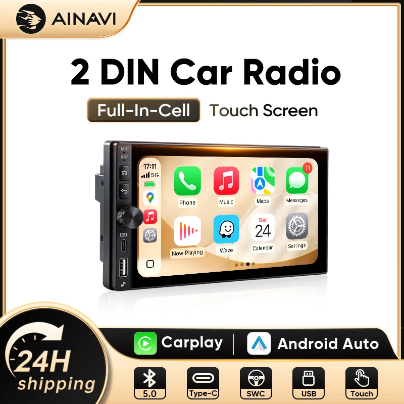AINAVI Radio Estéreo Universal para Auto 2Din, Carplay Inalámbrico, Android Auto, Bluetooth, USB, AUX, TF, EQ, Mirror Link, SWC, Tipo C, Pantalla para Auto, Autoradio, Radio Samochodowe, Car Play, Auto Inalámbrico, 7 Pulgadas