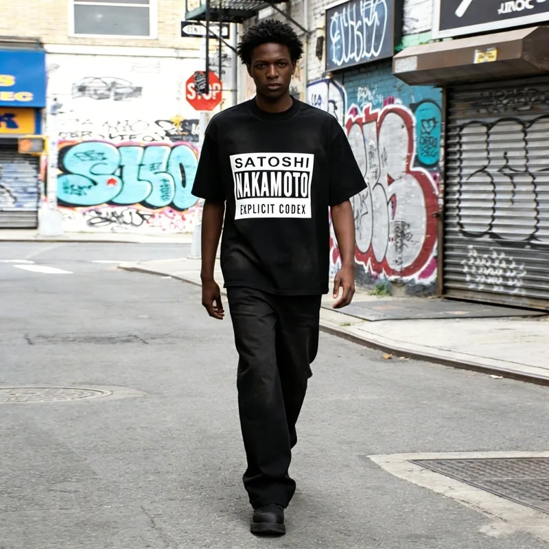 Satoshi Nakamoto Retro Rock Rap Short Sleeve Loose Men's and Women's Round Neck Half Sleeve T-shirt