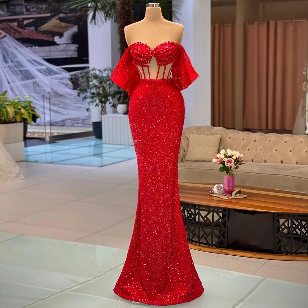 Sexy Red Off De Schouder Avondjurken Illusion Lijfje Ruches Sweetheart Glitter Pailletten Mermaid Formele Party Lange Prom Jassen