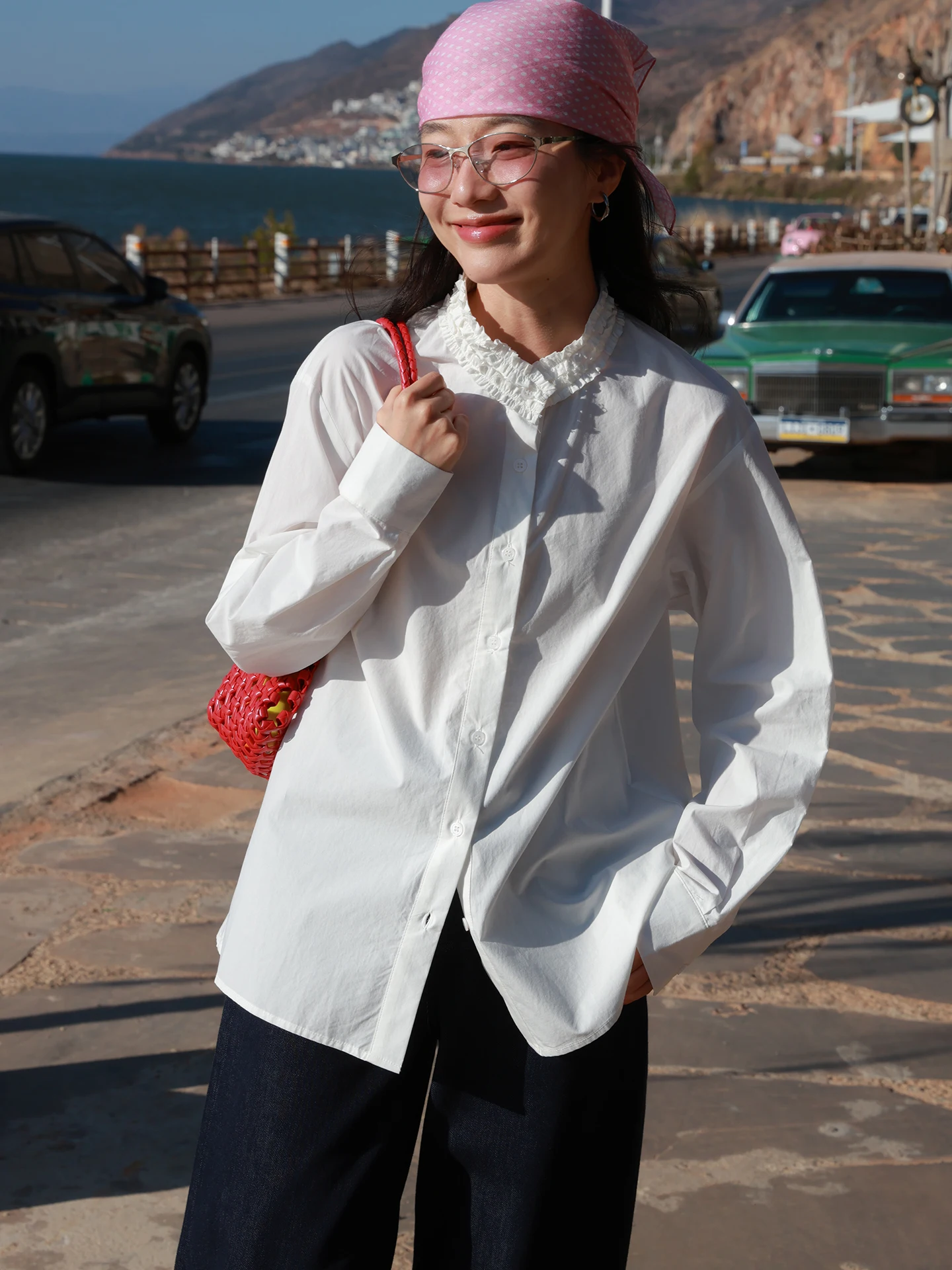 

Korean Style Long Sleeve Shirt Women's Loose Design Lace Collar Spring 2026 Drawwind Flower Pattern Cotton Blend Top