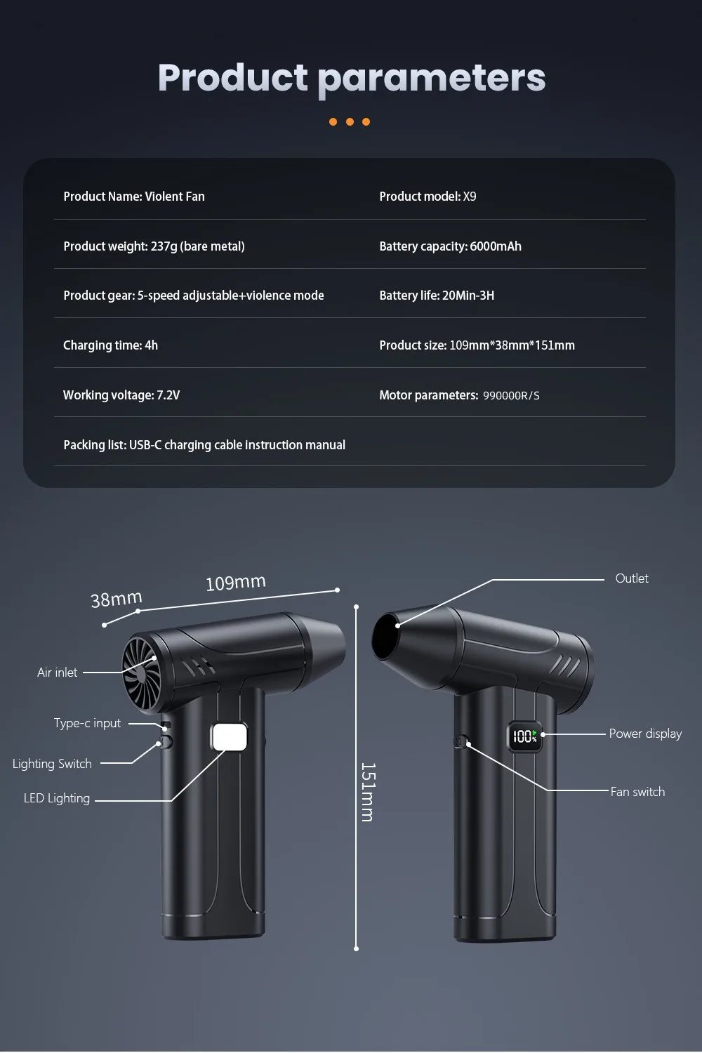 

Portable Dust Blower 300000RPM Power Display Air Jet Blower 100-Gear Speed Adjustable Powerful Blowing Compressed Air Duster
