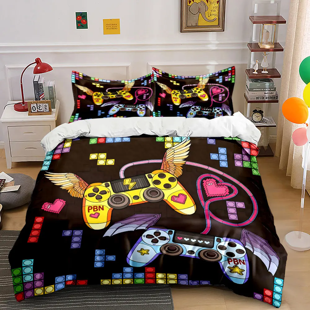 Angel & Devil Gamepad Block Game Print Bedding Set 1 Duvet Cover 2 Pillowcases for Adult and Children Luxury Gift Full Size