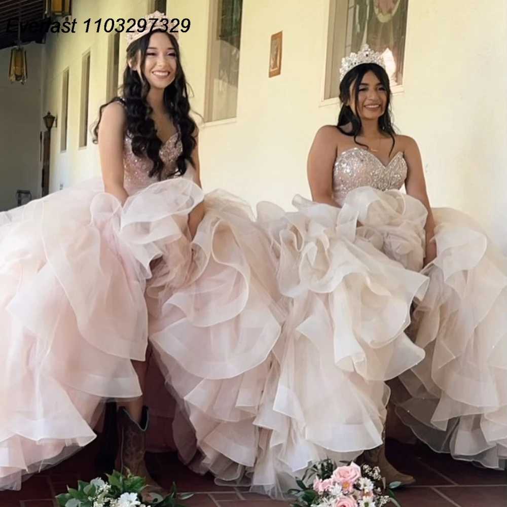 EVLAST Mexican Blush Quinceanera Dress Ball Gown Lace Applique perline Crystal Ruffles corsetto Sweet 16 Vestido De 15 Anos TQD941