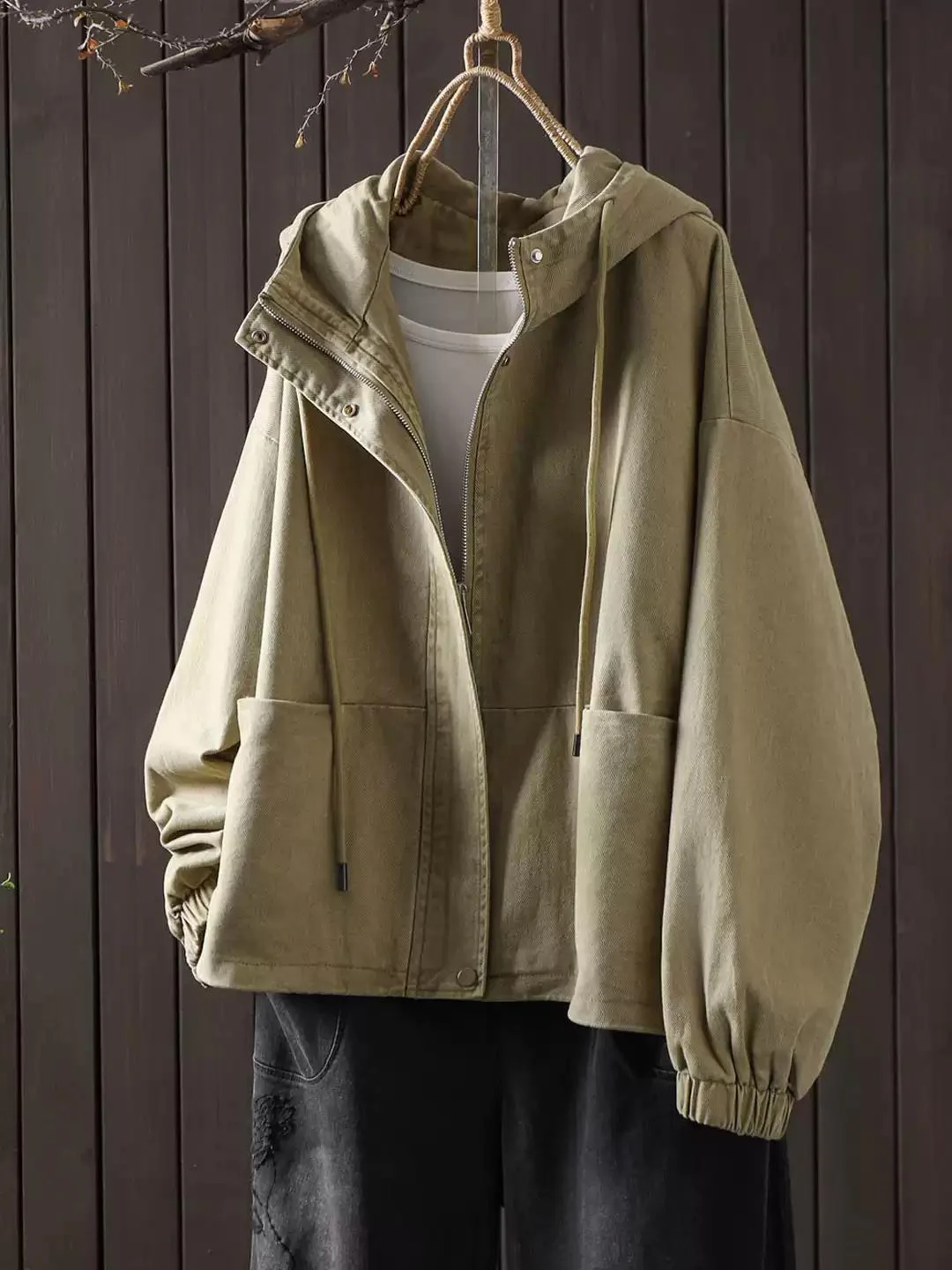 Retro Washed Hooded Jacket Women's Design Spring New Loose Fit Short Outerwear Long Style Multi-Pocket Girls Fashion