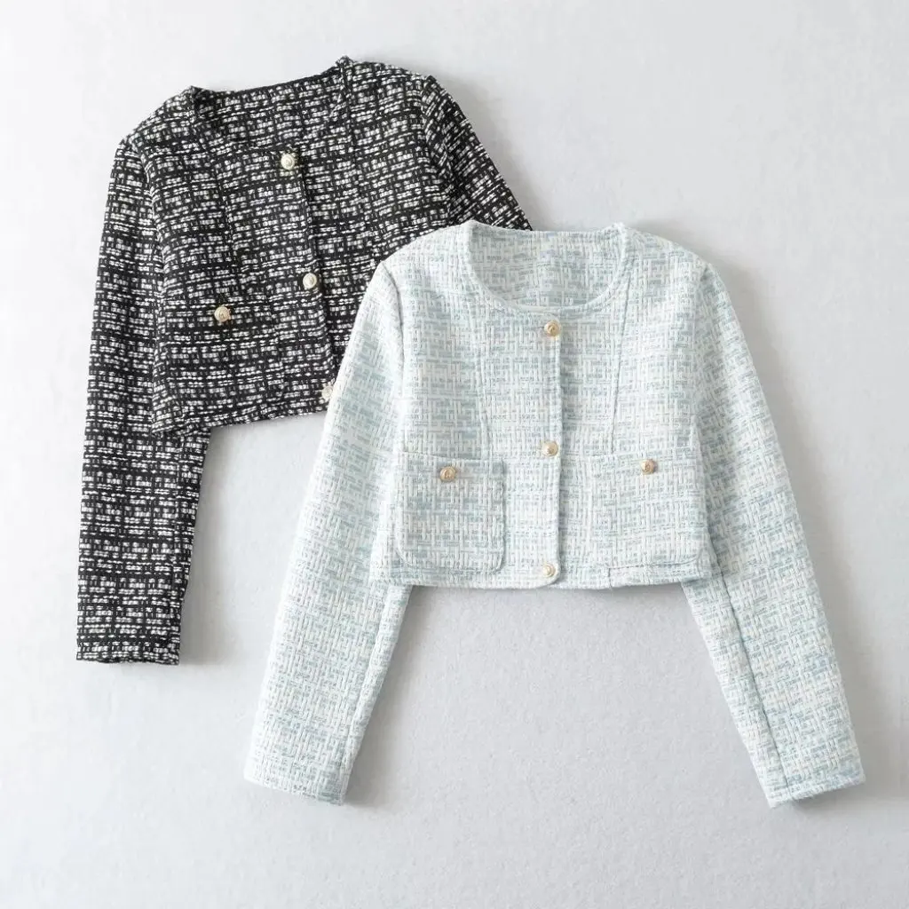 

Style Women's Knitted Short Coat round Neck Long Sleeve Slim-fit Color-Matching Suit Top for Spring