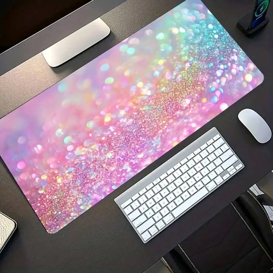 Oversized Gaming Mouse Pad With Pink Rainbow Glitter Gradient Non-Slip Rubber Base