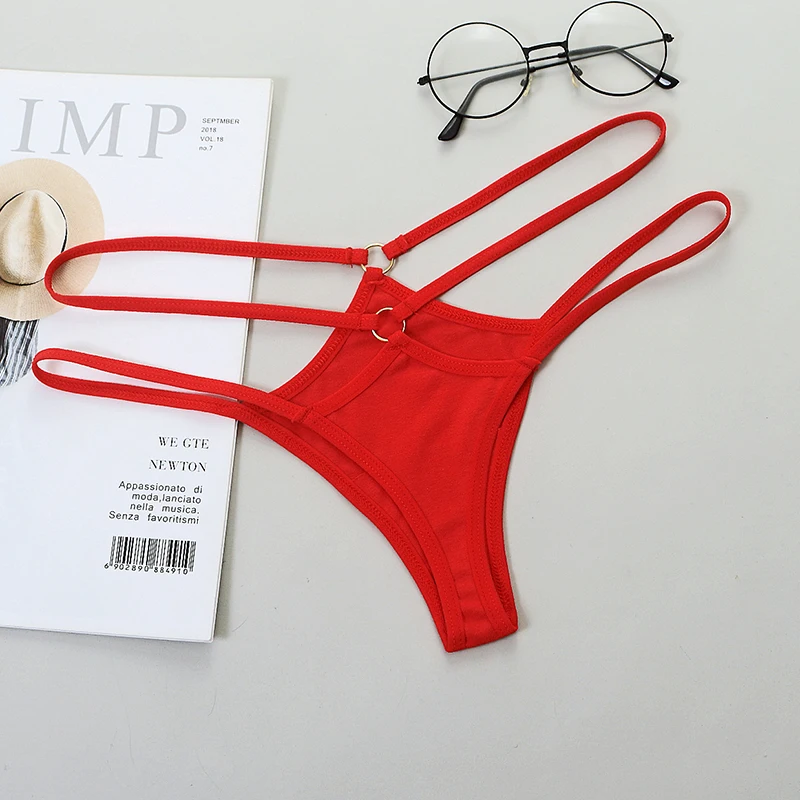 Women Double Thin Strap Thong Decorative Round Metal Ring Solid Color Low Rise Breathable Minimalist Seamless G String Panties
