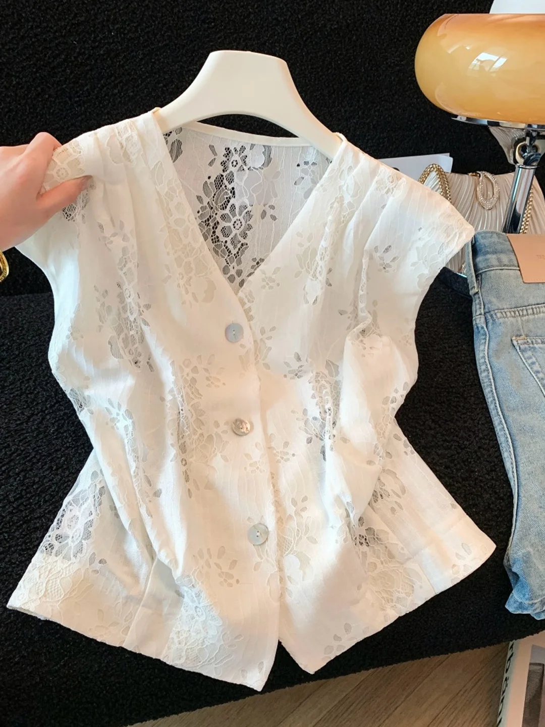 

Elegant Embroidered Hollow out Short Sleeve V-Neck Women's Top Fashion Design Heavy Work Summer New Slimming Gentle Style