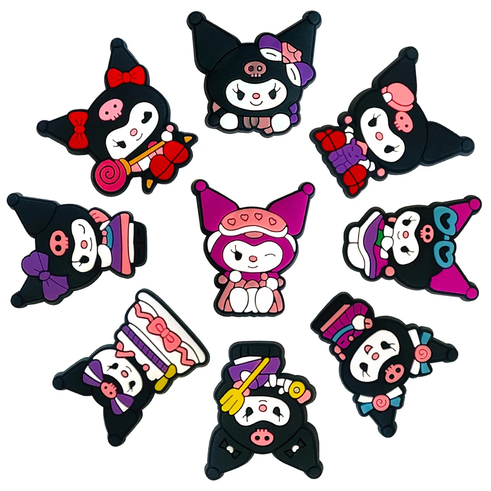 MINISO 1PCS Kuromi Cartoon Character DIY Black Cat Accessories PVC Decorate Funny Sanrio Shoe Charms For Girls Kids Party Gifts