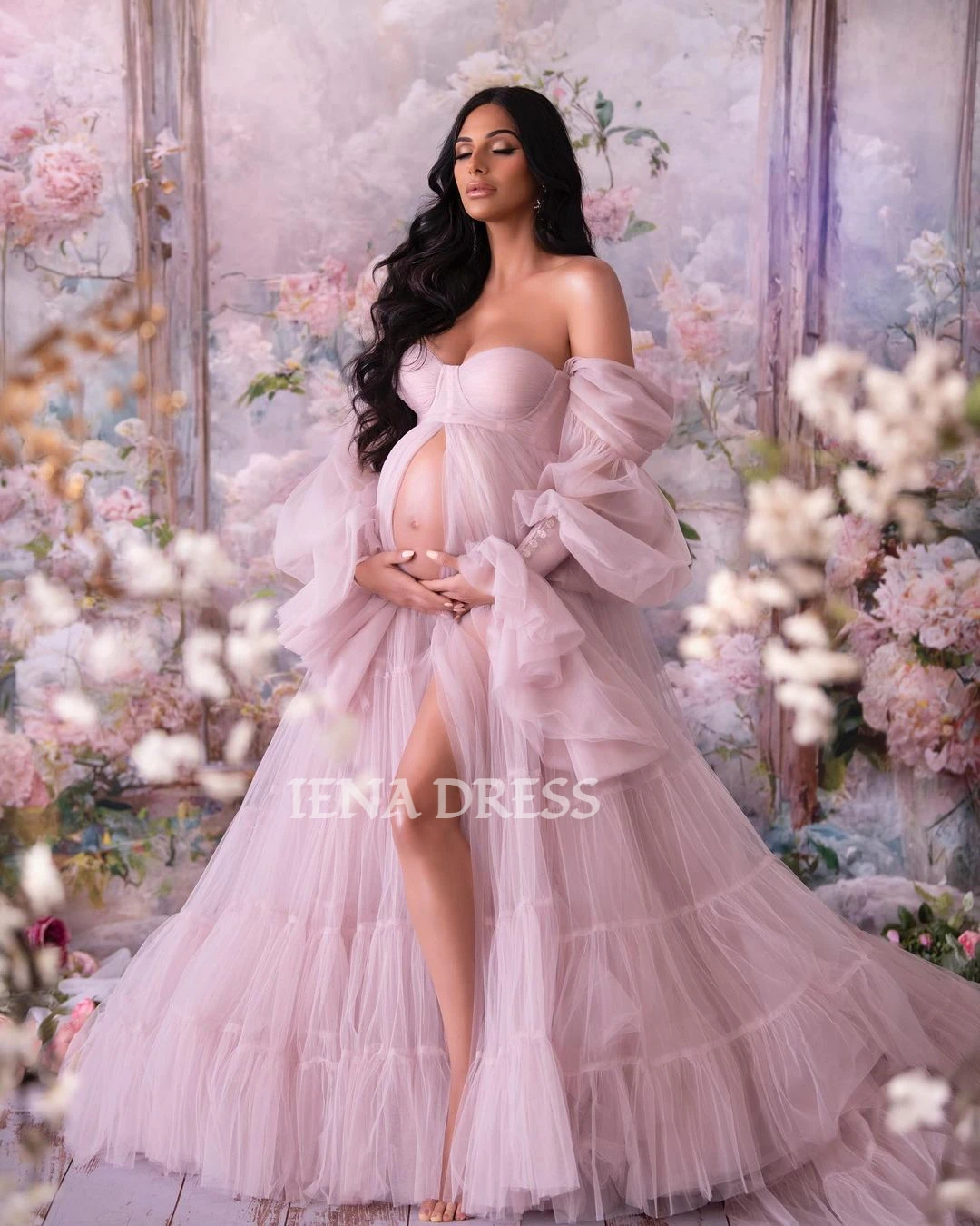 custom Romantic Pink Sheer Photography Maternity Dress for Wedding Belly Off-shoulder Puff Sleeved Pregnancy Baby Shower Gown