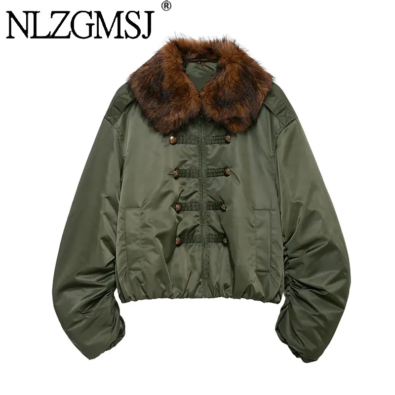 NLZGMSJ Chic Women Bomber Jackets Solid Fur Collar Long Sleeve Zipper Pockets Loose Thick Coats New Fashion 2026 Autumn Outwear