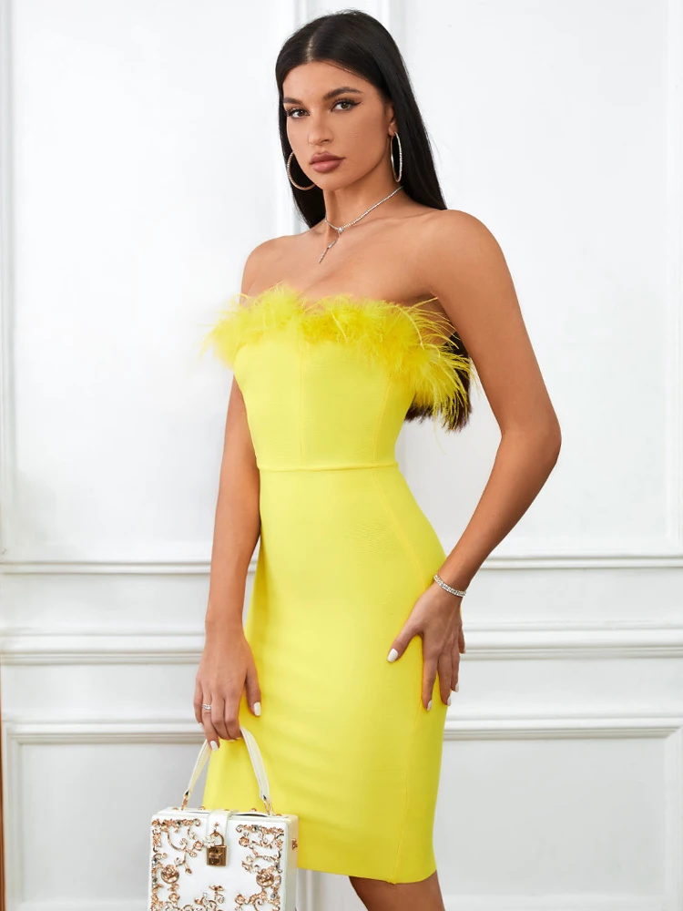 Sexy kwaliteit gele vrouwen veren bandagejurk zomer 2025, luxe vintage strapless backless bodycon avondjurken
