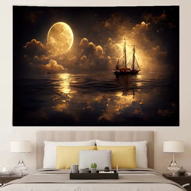 VIKAMA Seaside Flowers Crescent Moon Tropical Botanical Wall Art Tapestry for Living Room Bedroom Home Aesthetic Decor