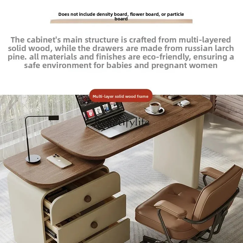 Vintage Style Desk and Chest of Drawers Integrated Extendable Modern Minimalist Solid Wood Computer